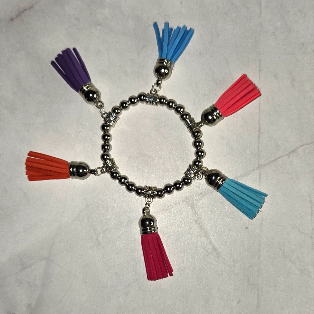 Handcrafted Girl 5.5 In. Multi Color Tassel Silver plated bead Stretch Bracelet